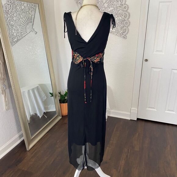 Early 2000's Whimsygoth Black Red Colorful Satin Paisley Asymmetric Midi Dress M - Picture 6 of 8